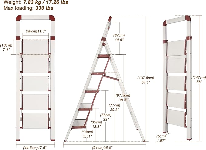 Step Ladder 5-Step White Finish Aluminum Iron Folding Ladders | Anti-slip Sturdy Foldable Ladder Step Stool for Kitchen Home Office Libaray - Image 2