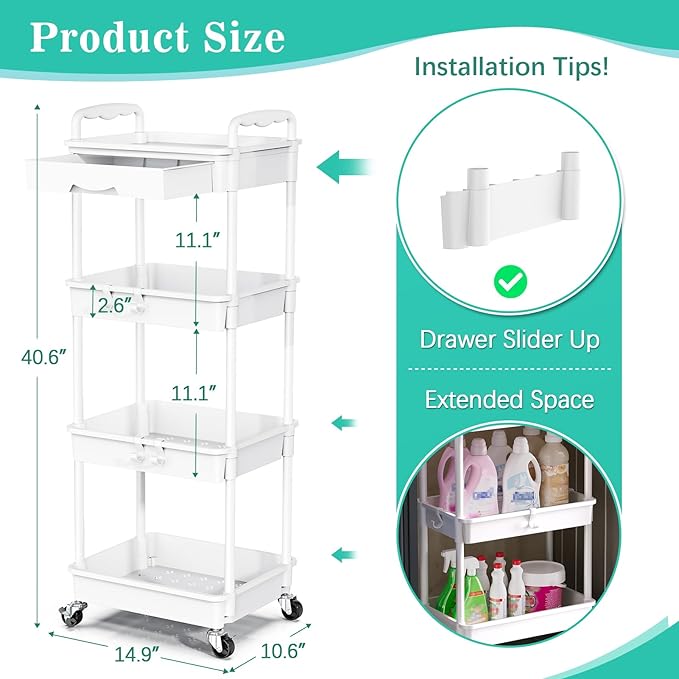 SUNALLY 4 Tier Rolling Cart with Drawer, Craft Storage Cart Organizer,White | Bathroom Storage Organizer with 2 Lockable Wheels, Rolling Utility Cart for Kitchen, Office, Baby, Makeup, Nail,Snack,Laundry - Image 2