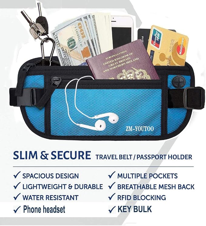 ZM-YOUTOO Money Belt for Travel - Hidden Travel Pouch Protect Your Credit and Money With RFID Blocking Passport Holder Waist Wallet (Blue) - Image 3