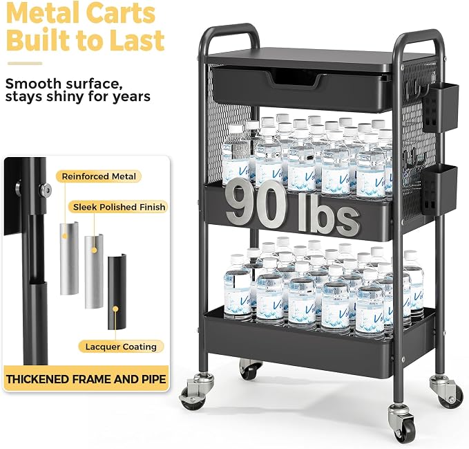 KINGBOARD 3 Tier Metal Rolling Cart with Drawer, Black Utility Storage Cart | 2 Cups & 4 Hooks, Lockable Wheels, Trolley Organizer for Bathroom, Kitchen, Office, Nursery, Dorm, Laundry, Craft Room - Image 2
