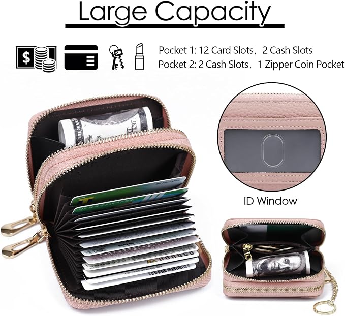 imeetu RFID Credit Card Holder, Small Card Wallet Women, Leather Card Case | Genuine Leather Women's Card & id Cases, Change Coin Purse with Zipper Keychain id Window, 20 Colors & 3 Styles, Daily, Gifts - Image 3