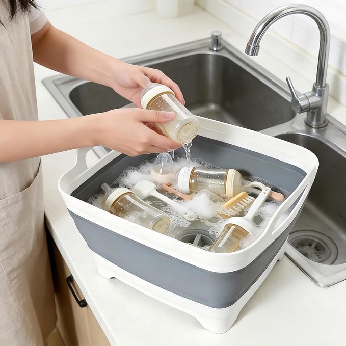 FOSJGO Collapsible Dish Basin with Drain Plug, Foldable Sink, 2.4 Gal (9L) | Space-Saving Wash Basin for Kitchen, Baby Bottles, Vegetable Washing, Camping, RV and Party Beverage Tubs - Image 6
