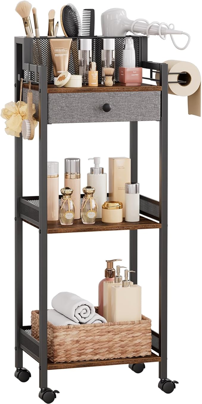Bathroom Stand, Makeup Cart with Drawer for Cosmetic and Skincare | 3 Tier Metal Rolling Standing Unit for Bathroom, Bedroom, with Hair Organizer Storage, Vanity Storage for Women 12.8in Wide by HomeLivingStorageOrganizer