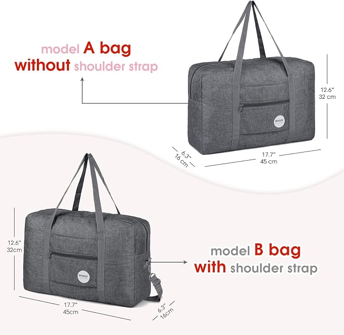 WANDF Foldable Travel Duffel Bag Luggage Sports Gym Water Resistant Nylon (E-Denim Gray with Strap) | 18x14x8 inches, Airline Underseat Aprroved, Weekend Overnight Trips, Lightweight Packable - Image 3