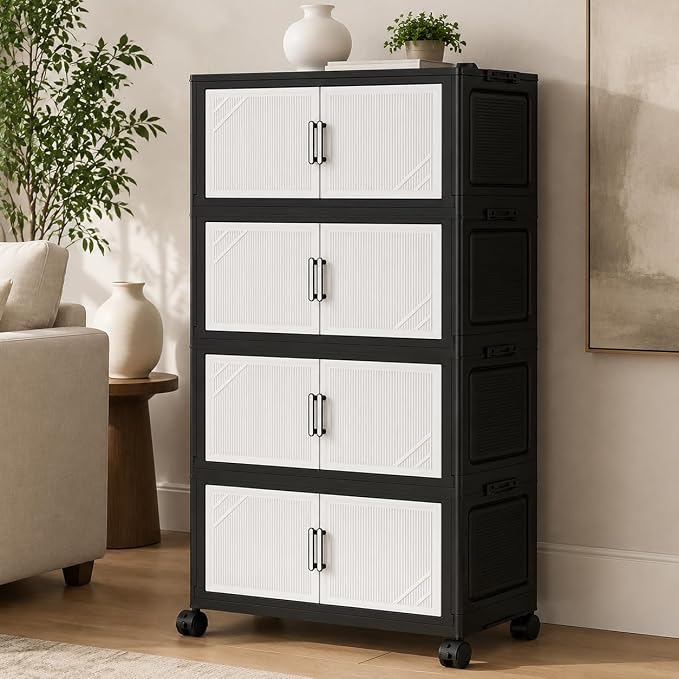 4 Tier Foldable Storage Cabinet with Wheels and Magnetic Doors, Premium PP Material Large Storage Organizer, Space-Saving Utility Storage for Home, Apartments, Dorm, Office, Rv by FoldTrend