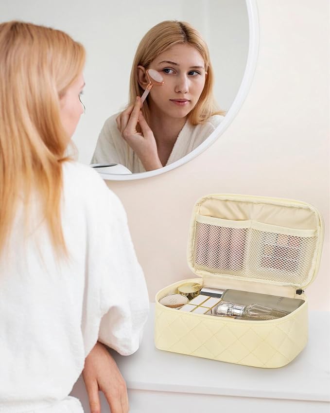 Relavel Travel Makeup Bag, Small Cosmetic Bag with Makeup Brush Compartment | Double Layer Makeup Organizer Bag with Handle, Portable Toiletry Bag Makeup Pouch for Women, White - Image 7