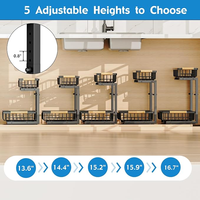 2Pcs Under Sink Organizer, 2-Tier Pull Out Under Sink Organizers and Storage, Adjustable Metal Under Cabinet Organizer Shelf, Bathroom Organizer, Sliding Out Drawer for Kitchen Pantry Black - Image 4