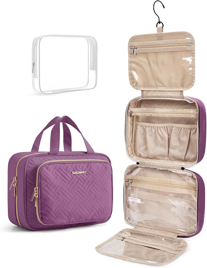 BAGSMART Toiletry Bag Hanging Travel Makeup Organizer with TSA Approved Transparent Cosmetic Bag Makeup Bag for Full Sized Toiletries, Large-Purple by BAGSMART