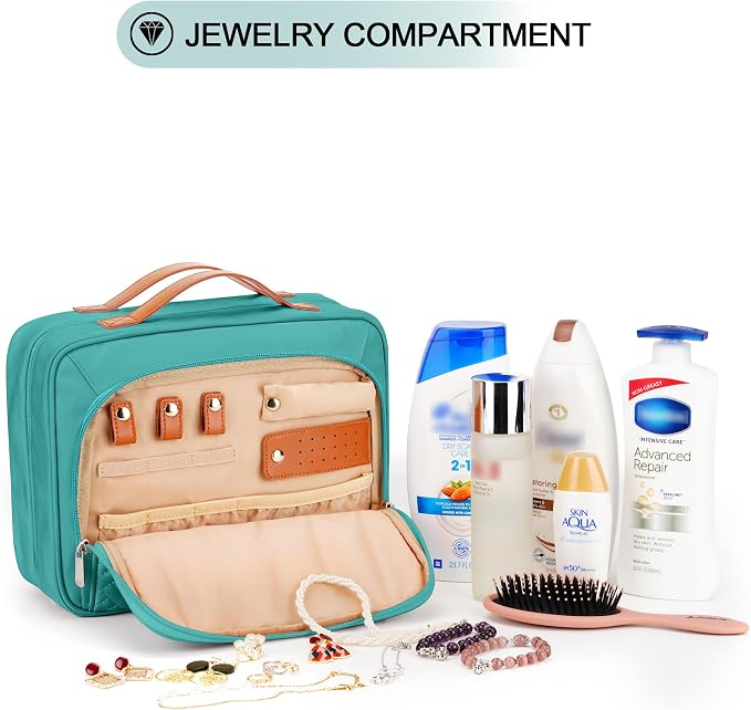 Travel Hanging Toiletry Bag for Women, with Jewelry Organizer Compartment, Medium Waterproof Hanging Makeup Accessories, Cosmetic Essentials, Toiletries Dopp Kit Set with Trolley Belt, Blue - Image 8