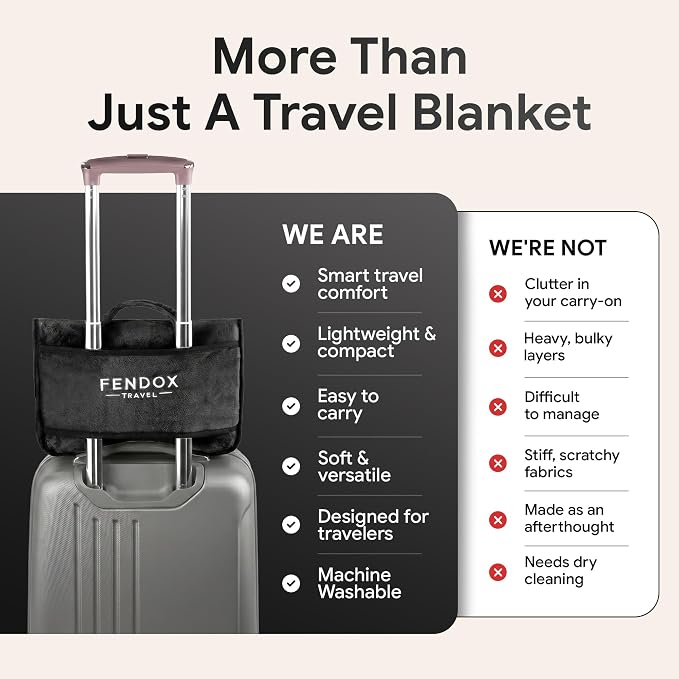 2-in-1 Travel Blanket and Pillow – Lightweight, Compact, Ultra Soft, Machine Washable – Handle, Luggage Sleeve, Backpack Clip – for Travel Airplane, Car, Office (Black) - Image 6