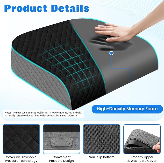 Seat Cushion, Office Chair Cushion, Chair Pad, Large, Black, X-Large | Memory Foam, Washable Cover, Non-slip Bottom, Portable Handle, for Office, Home and Car - Image 3