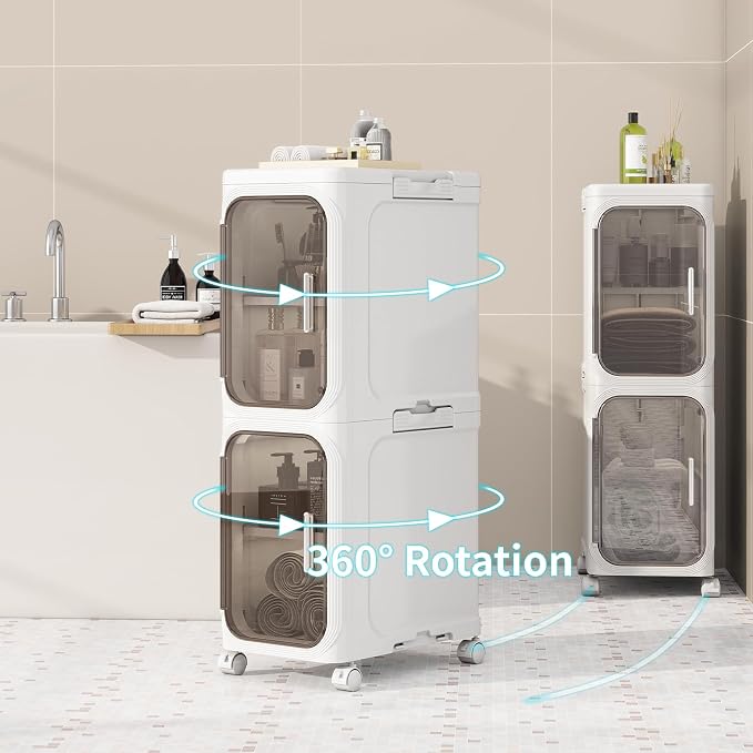 4 Tier Slim Bathroom Storage Cabinet, Foldable and Movable, White | Tools Free, ABS and PET, Magnetic Clear Door, Adjustable Shelves, Lockable Wheels, Water Resistant, For Narrow Space - Image 8