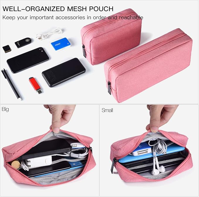 2-PACK Accessories Bag for Women Ladies Travel Organizer, Big+Small Portable Storage Bag Pouch Electronics Accessories Carrying Case Cosmetic Bag for Hard Drive, Mouse, Cable, Adapter, Cellphone, Pink - Image 3
