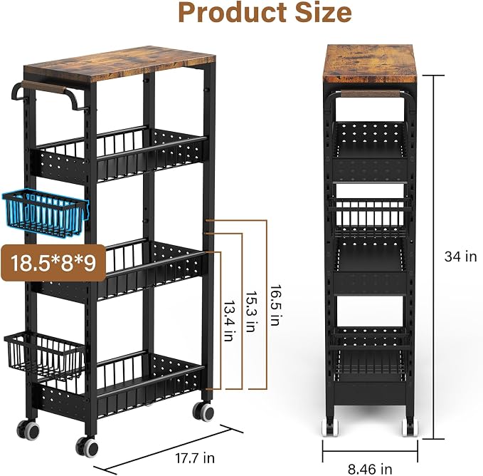 7.8 Inch Ultra-Slim 4-Tier Rolling Storage Cart with Adjustable Shelves | Lockable Wheels & Wooden Top for Narrow Spaces Between Washer/Dryer, Bathroom, Kitchen Organization (Black) - Image 7