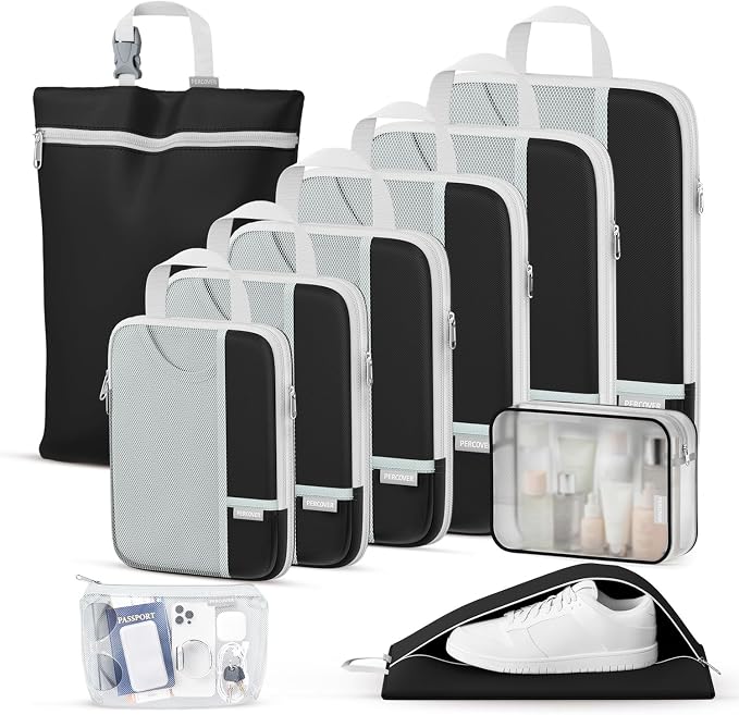 Percover Compression Packing Cubes for Travel, 10-Piece Structured Compression Organizer Set with Toiletry Bag, Laundry Bag & Shoe Bag for Carry-On & Checked Luggage, Black by Unknown
