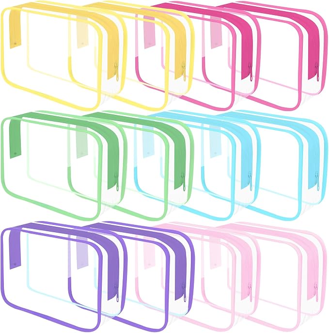 Clear Toiletry Bag, 12 Pack TSA Approved Toiletry Bag Carry on Travel Accessories Bag, Quart Size Bag for 3-1-1 Liquids Airport Airline Compliant Clear Makeup Bag with Metal Zipper (Bright Bags) by REHALY