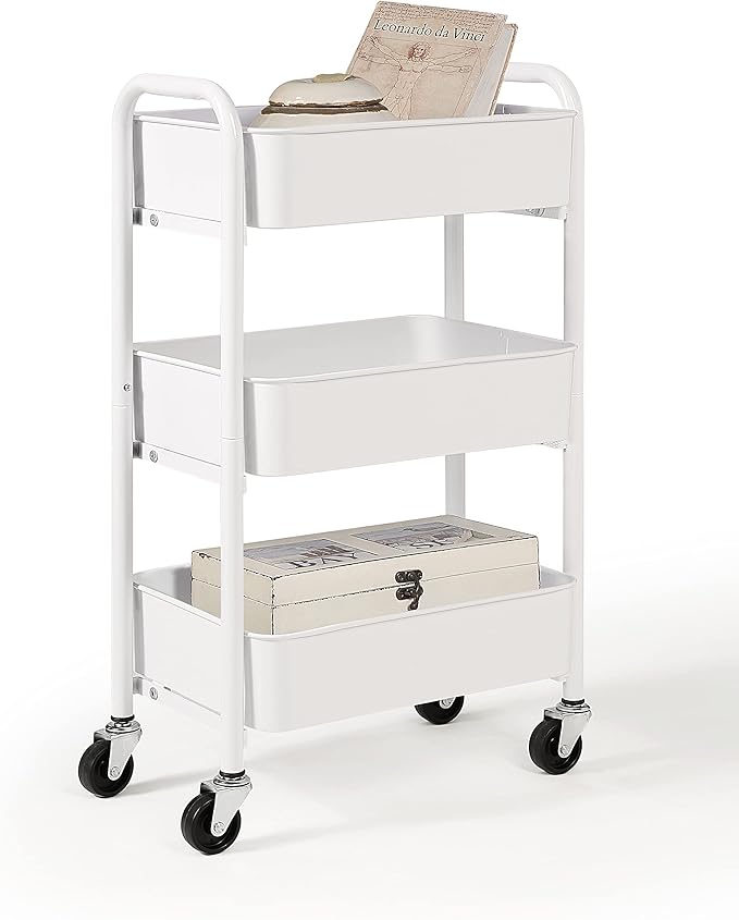 SunnyPoint 3-Tier Delicate Compact Rolling Metal Storage Organizer - Mobile Utility Cart Kitchen/Under Desk Cart with Caster Wheels - WHT (15.35" X 10.24" X 26.8"H) by SunnyPoint