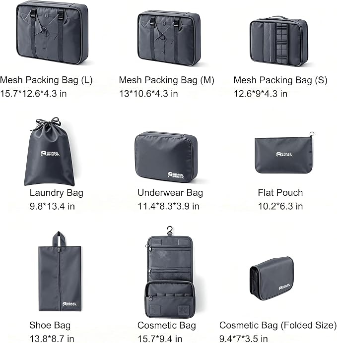 8 Set Packing Cubes for Travel Essentials With Hanging Toiletry Bag for Women, Lightweight Suitcase Organizer Bags with Mackup bag, Carry-On Luggage Accessories (Gray) - Image 2
