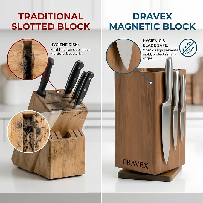 DRAVEX Ultra Premium Magnetic Knife Block without Knives for Counter Top | 360° Rotatable Acacia Wood Knife Holder Stand, Large Kitchen Utensils Holder with Strong Magnet, Anti-Slip Base - Image 3