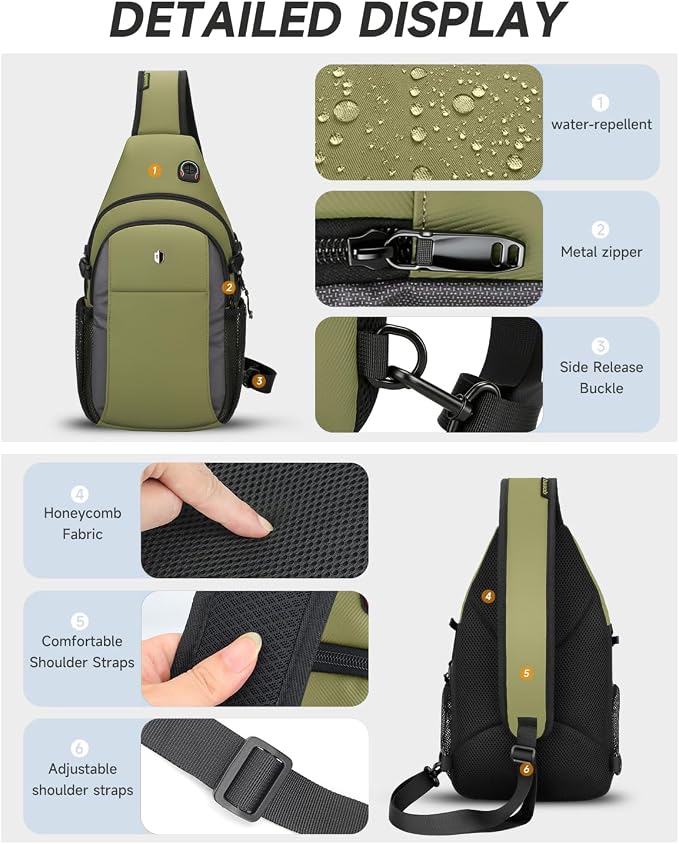 Tactical Sling Bag for Men & Women, Water Resistant Anti-Theft Crossbody Bag Mini Backpack with Water Bottle Pocket, Travel Hiking Chest Pack Fits 11 inch iPad, Switch 2, Army Green | Mens Crossbody Bag - Image 5