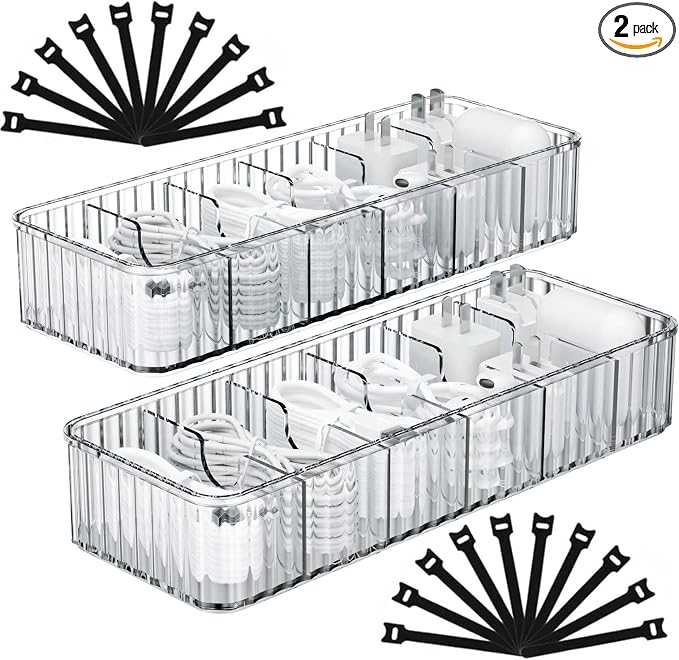Cable Storage Boxes Organizers 2 Pack,Cord Charger Case with 20pcs Ties | Cable Storage Organizer,Cable Organizers Box,Cable Storage Box, Cord Organizers Box,Cord Charger Case Organizer,Stackable by Tamomic