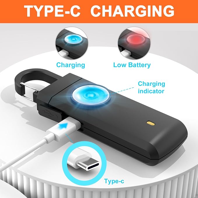 Personal Safety Alarm,Rechargeable with Keychain and LED Strobe Light,Black | USB C/Micro USB/L Easy Use and Portable, Compatible with iPhone 17/16/15/14/13/12/11/X/XR/XS/8/Android/Tablet (3.28FT) - Image 4