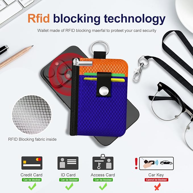 Minimalist RFID Blocking Small Wallet with ID Window,WaterResistant Zip Id Case Wallet with Lanyard Keychain for Cards,Cash,Travel,Women,Men (Sapphire Blue/Orange) - Image 4