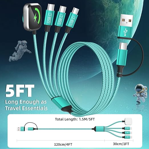 3 Type-C Ports 4-IN-2 Multi Charging Cable for iWatch Charger/iPhone 17-15 | 5FT Portable Travel Essentials, USB C Splitter iPhone Watch Charger for iWatch Ultra/SE/11-2, Carplay Supported for Camping - Image 7