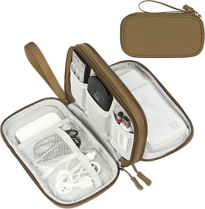 FYY Electronic Organizer, Travel Tech Pouch Bag, Cable Organizer Brown | Wrist Strap, Waterproof, Double Layers Portable Electronics Travel Carrying Case for Cord, Charger, Daily Business Trips Use by FYY