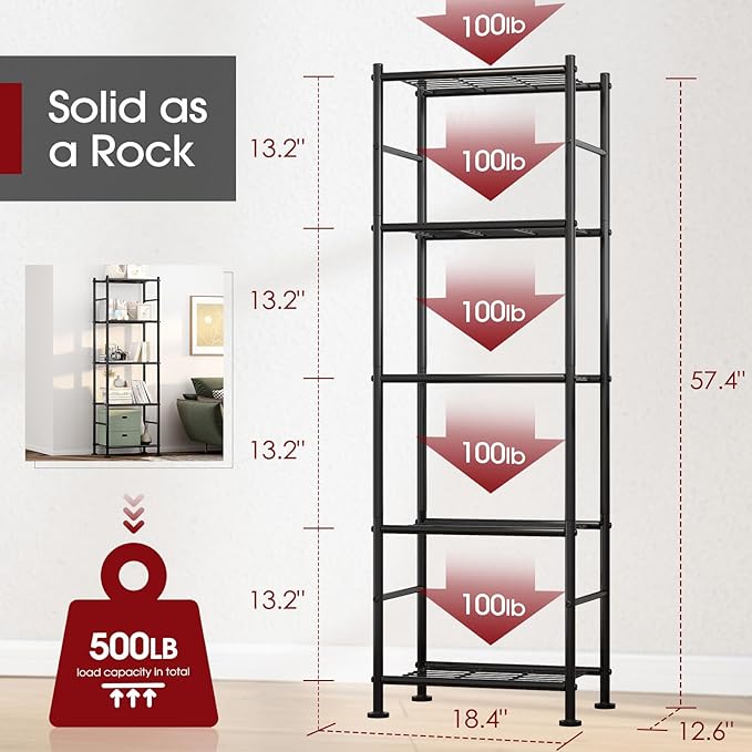 Sakugi Storage Shelves - 5 Tier Shelf Organizer, Heavy Duty Garage Shelving Unit with Leveling Feet, Stable Metal Shelves Organizer for Pantry, Kitchen and Closet, 18.4" W x 12.6" D x 57.4" H, Black - Image 2