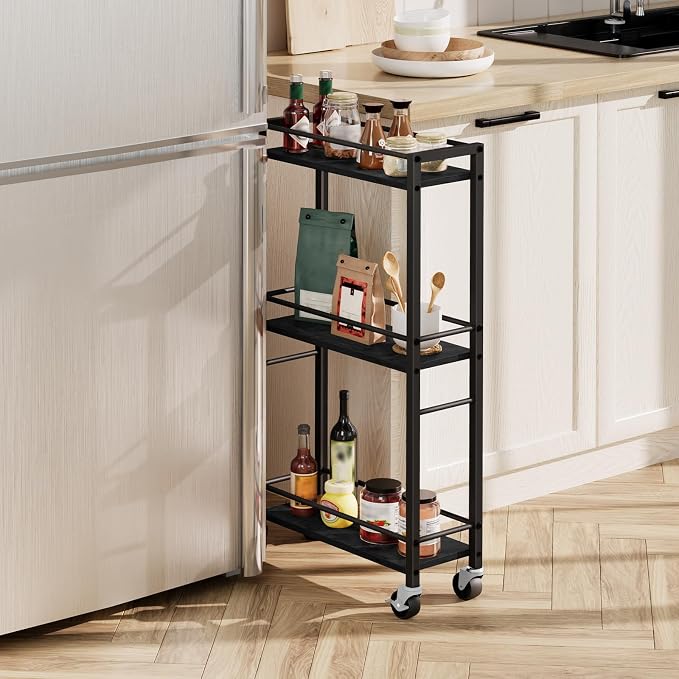 MAHANCRIS Slim Rolling Cart, Mobile Kitchen Cart on Wheels, Narrow Storage Cart for Small Space, Small Bar Cart, for Bathroom, Laundry, Living Room, Black RCHB1501 by MAHANCRIS
