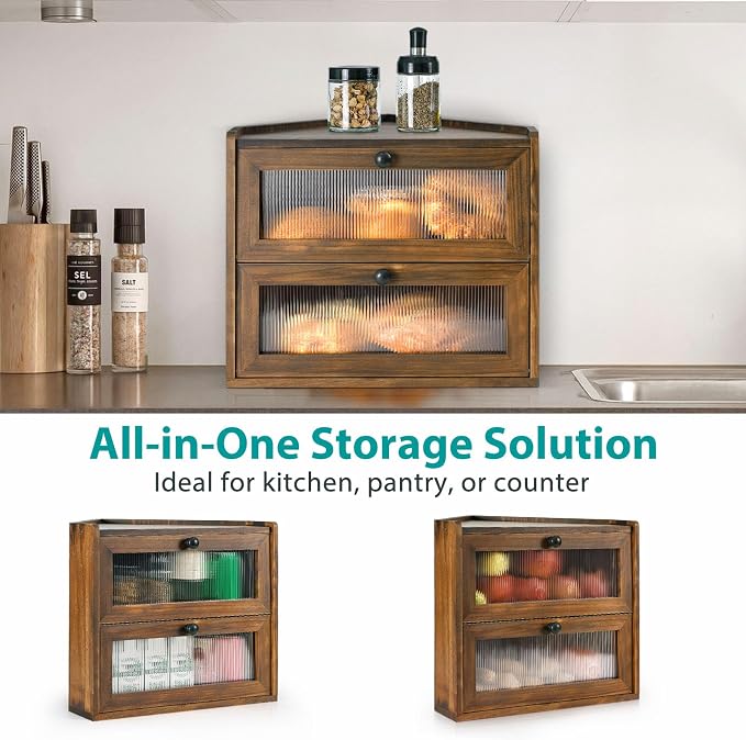 Sunhoo Bread Box for Kitchen Countertop Corner Large Wooden Bread Bin 2 Tier Rustic Food Storage Container with Acrylic Window Farmhouse Keeper Shelf Organizer for Loaves Pastries & Snacks (Brown) - Image 6