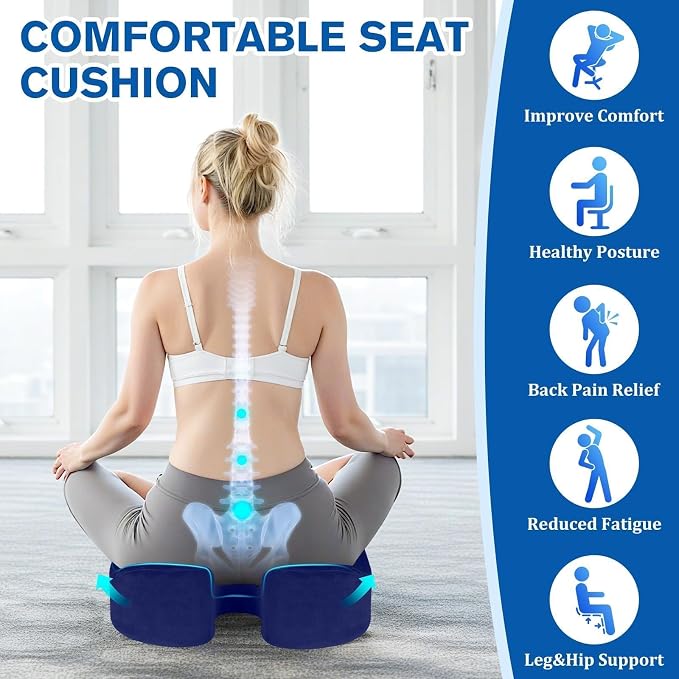 CushyOasis Seat Cushion, Office Chair Cushions, 5.28 in Thick (Blue) | Anti-Slip Back & Removable Cover, Ergonomic Tailbone Support Seat Cushion, Memory Foam Seat Cushion for Office - Image 3