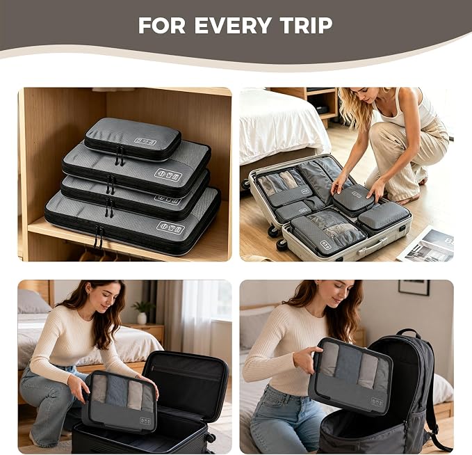 Compression Packing Cubes for 7 Days Travel, 8-Piece Space Saving and Tidy | Luggage Organizer with Double Zipper Design, Space-save for Suitcase & Carry-On, Ideal for Business Trip Weekends- Gray - Image 7
