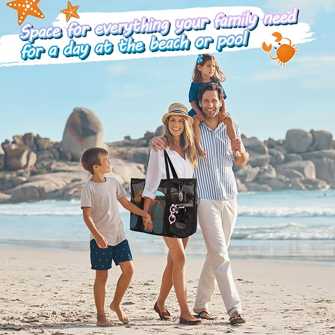 Tagitary Mesh Beach Bag with Zipper Large Beach Tote Waterproof Sandproof with 8 Pockets for Toys Pool Bag Beach Accessories - Image 2