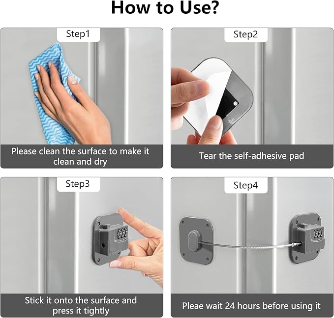Refrigerator Lock, Heavy Duty Fridge Lock, Combination Lock for Refrigerator Cabinets, Drawers, Safety, Easy Install No Keys Needed (Grey-3Pack) - Image 5