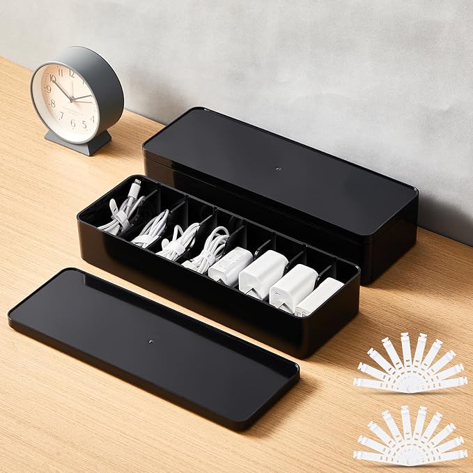 Tatuo 2 Pcs Cord Organizer for Drawer Desktop, Cable Organizer Box with 8 Compartments and Wire Ties, Plastic Charger Storage with Lid, Electronics Case for Home Office Accessories (Small,Black) by Tatuo
