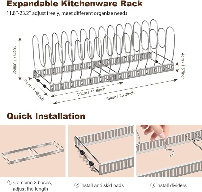 Housolution Pot and Pan Lid Organizer Holder Storage Rack, Silver | 12"-23" Expandable, 14 Adjustable Dividers, Sturdy Stainless Steel Construction, Easy Assembly - Image 5