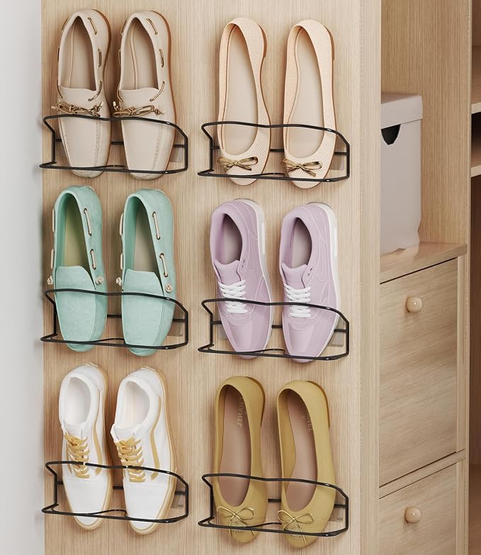6Pack Wall Mounted Shoe Rack with Sticky Hanging Strips (Black) | Very Easy to Install no Need to Drill Hanging Shoe Organizer, for RV, Door,Entryway, Bathroom, Living Room, Mud Room, Laundry by PrimZootyDesign
