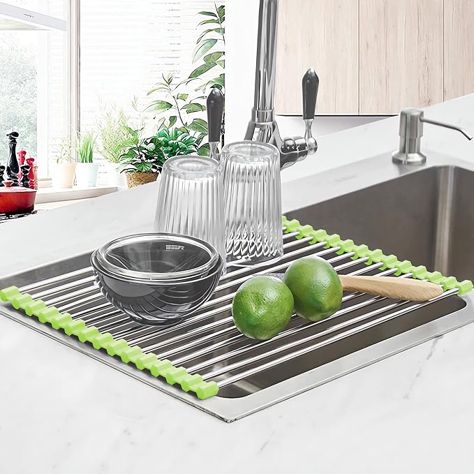 Seropy Roll Up Dish Drying Rack Over The Sink Drying Rack for Kitchen Counter, Rolling Dish Rack Over Sink Mat, Foldable Dish Drainer Stainless Steel Rack Kitchen Organization Green 17.5"x11.8" - Image 2