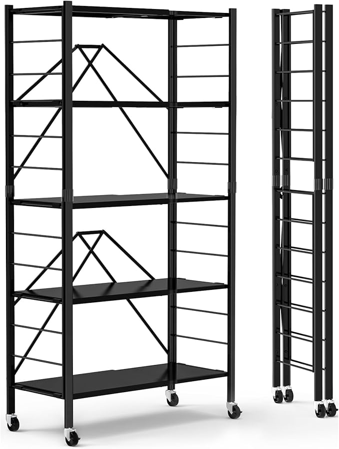 Himix 5-Tier Foldable Expandable Storage Shelves Wheels Kitchen 2-in-1 Rack | Folding shelving units, Metal collapsible organization, Changeable into 2 shelf units, Adjustable, Garage, Holds 2400 Ibs by Himix