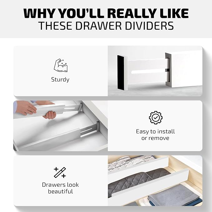 4-Pack Drawer Divider - 2.6" High, 16" to 22" Adjustable Bamboo Drawer Organizers for Clothes, Expandable Dresser Separators in Bedroom/Bathroom/Kitchen/Office Organization and Storage (White) - Image 5