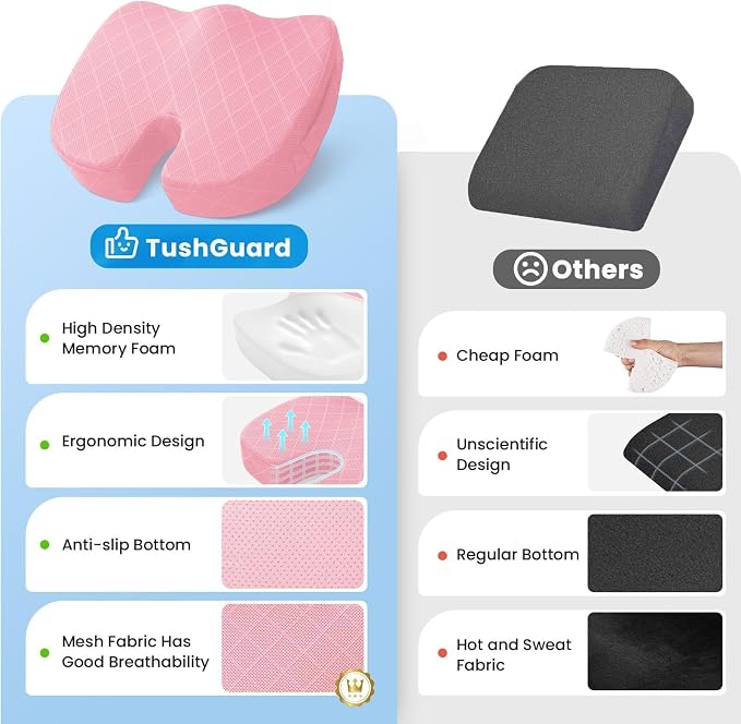 Seat Cushion, Memory Foam Office Chair Cushion - Pink, X-Large | for Car Seat, Airplane, Desk Chair - Sciatica & Hip & Coccyx Pain Relief Cushion for Long Sitting Office Workers, Car Drivers - Image 6
