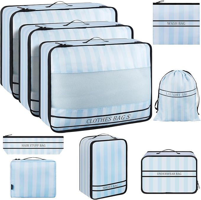 9 Set Packing Cubes Luggage Packing Organizers for Travel Accessories Space Saving Travel Bags for Carry On, Lightweight Mesh Zipper, Clothes, Shoes, Laundry and Shoe Bag (Blue Streak) by Ougrand