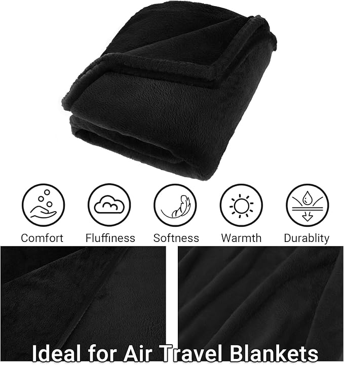 Airplane Travel Blanket with Pillow,300 GSM Soft Fleece Compact Blanket with Carry Bag,Lightweight Travel Blanket for Flights,Black - Image 6