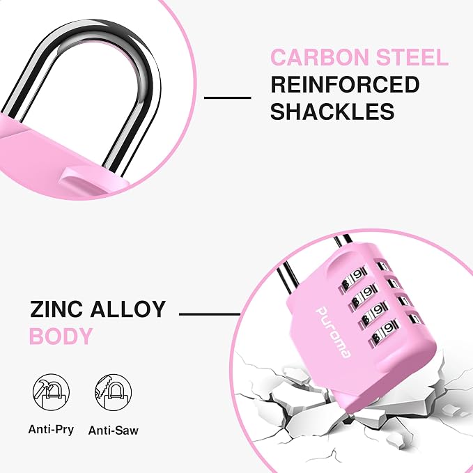 Puroma 1 Pack Combination Lock Locker 4 Digits Combo Padlock Gym Pink | For School Gate Fence Toolbox Hasp Storage, Outdoor, Resettable, Weatherproof, Side Window, Crack Cut Resist, Hardened Steel - Image 4