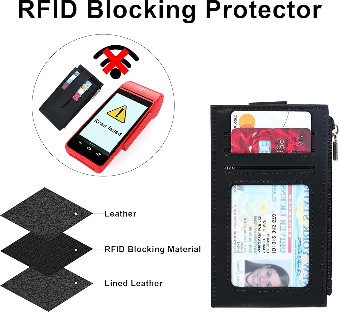 Chelmon Women's RFID Slim Card Holder Wallet | Thin Bifold Multi Card Case with Zipper Coin Pocket Purse for Women(Black Smooth) - Image 6