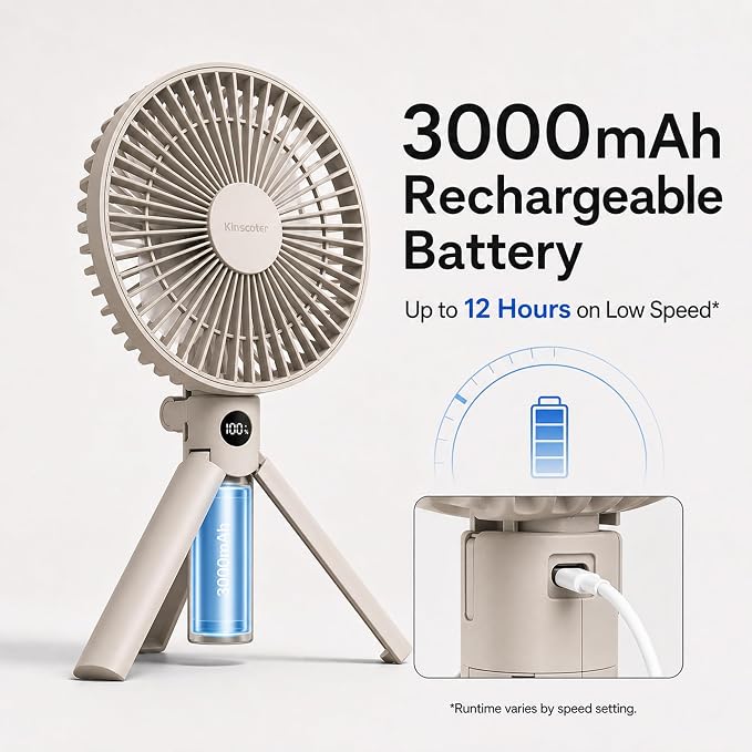 Quiet Handheld Camping Fan, Portable Fan Rechargeable, 12H Battery Life | 3000mAh battery powered hand held fan with USB-C charging, digital display, 4 speeds and quiet airflow for camping and travel - Image 7
