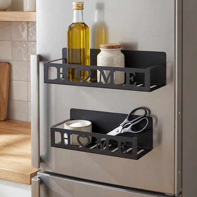 Beeveer 2 Pcs Magnetic Spice Rack for Refrigerator, Black Home | Magnetic Design, No Drilling, Farmhouse Kitchen Decor Home Accessories, 2 Sizes Metal Storage Shelf for Fridge Spices - Image 5