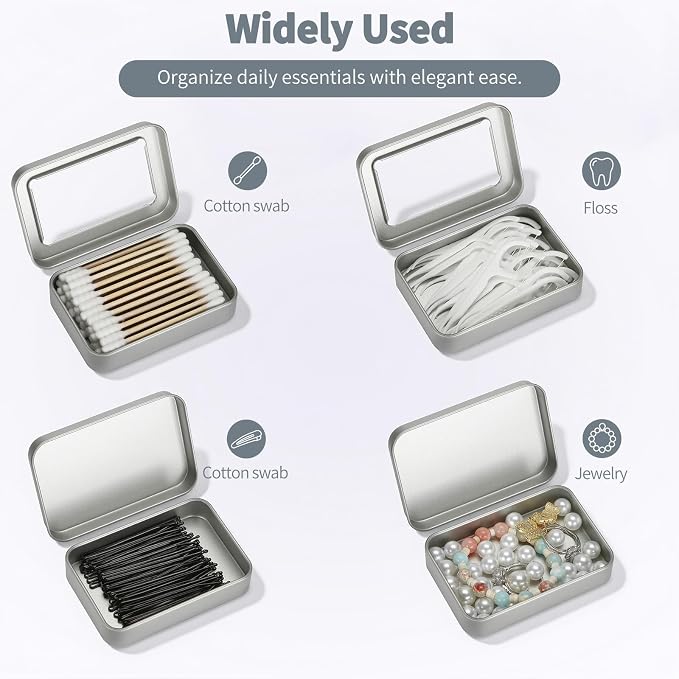 HAOGUAGUA 4 Pcs Travel Containers - Qtip Travel Case and Floss Pick Holder Box, Portable Cotton Swab Organizer Dispenser with Dustproof Lid for Hair Ties Cotton Pad jewelry Small Items (Silver) - Image 3